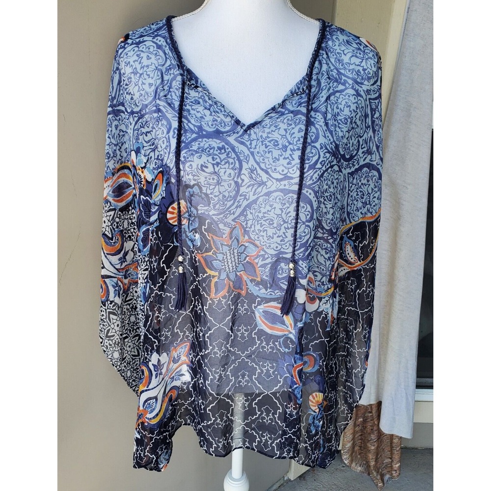 Chicos Top Womens Small/Medium Exotic Floral Sheer Lagenlook Beachy Cover Up